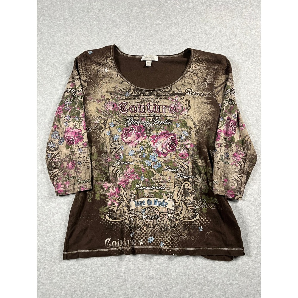 VTG Dressbarn Y2K Graphic Tee Womens 1X Brown Embellished Studded Floral Grunge